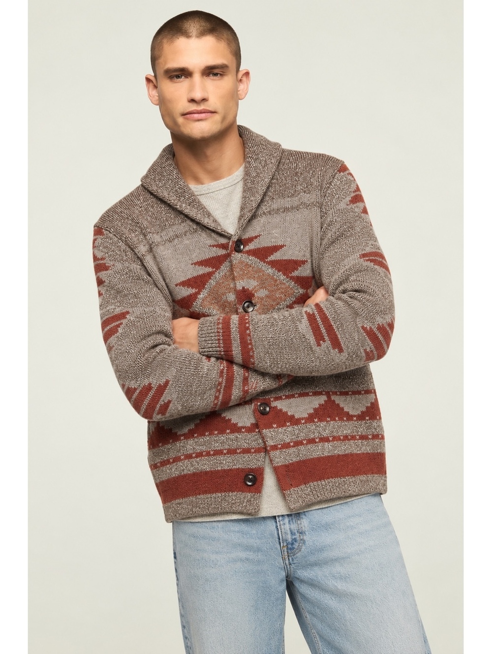 Lucky Brand Southwestern Shawl Collar Cardigan Sweater Brown Rust Aztec L
